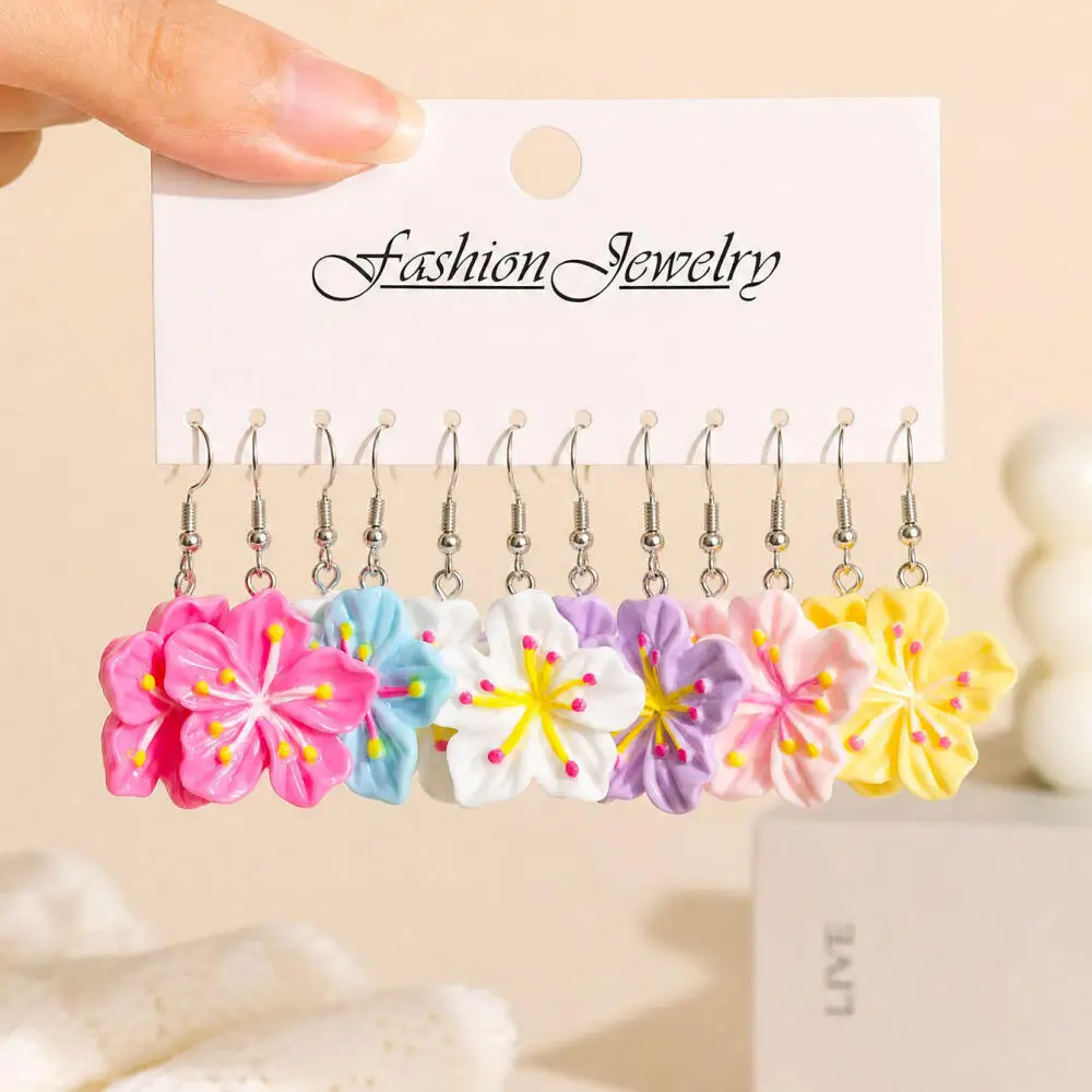 6/24 Pairs Dopamine Daisy Cherry Blossom Drop Earring Set, Jelly Crystal Sakura Earrings, Cute Fashion Daily Wear Earrings
