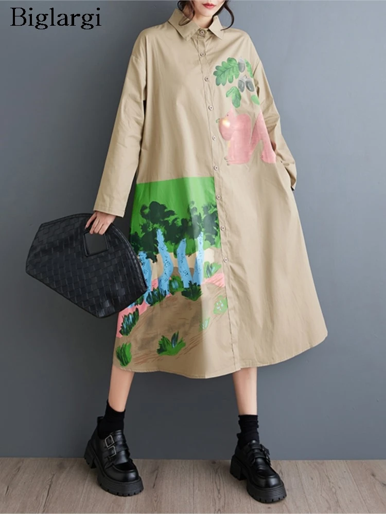 Oversized Autumn Floral Print Long Shirts Dress Women Long Sleeve Casual Fashion Ladies Dresses Loose Pleated Woman Dress