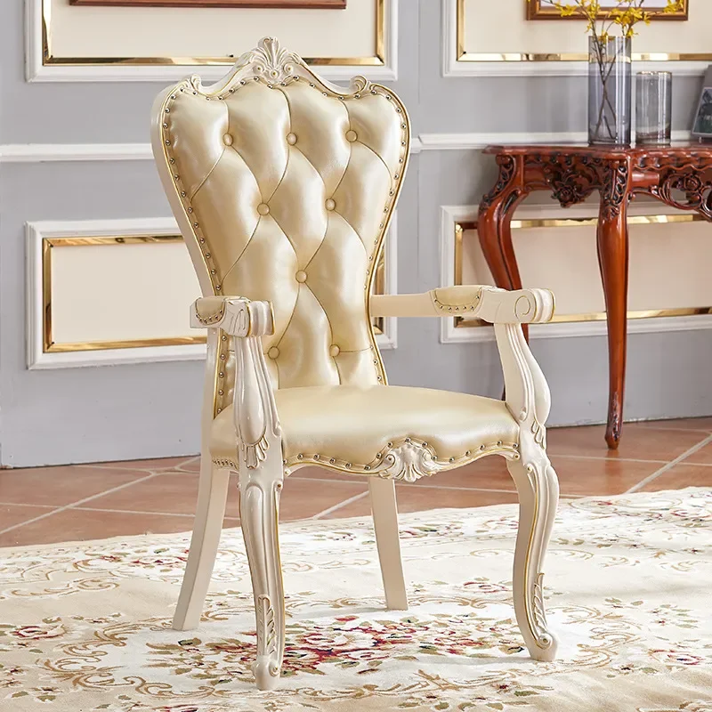 for European Solid Wood Armrest Chair First Layer Cowhide Soft Cushion Sedentary Negotiation Computer Chair Home Study Makeup