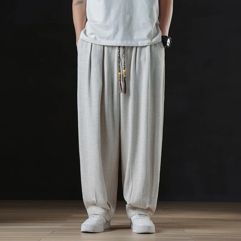 Men Chinese Style Linen Harem Pants Summer Loose Draping Wide Leg Casual Trousers Cotton Linen Lantern Pants