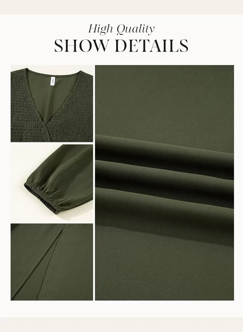 SxerxeS Fall Dresses for Women 2025 Long Sleeve V Neck Smocked Empire Waist Ruffle Tiered Casual Split Maxi Dress