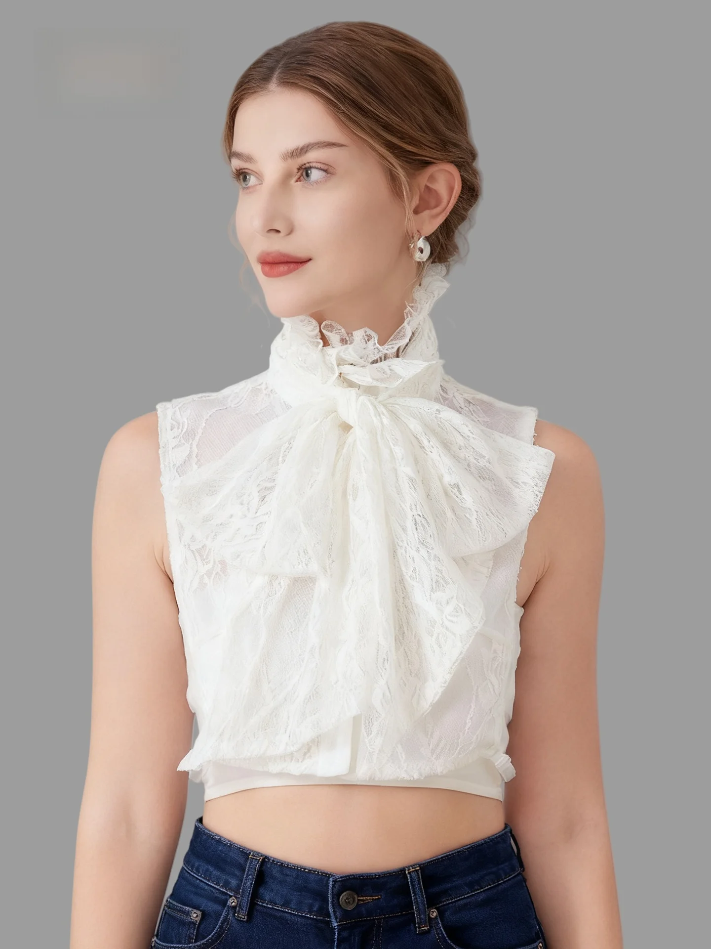 レースホワイトボウタイフェイクカラー女性用多用途フェイクカラーマッチセーター秋冬ベースインナーフリルスタンドハイカラー