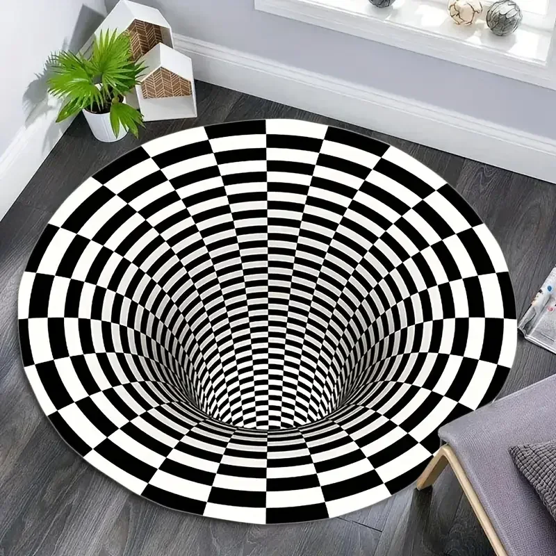 1 Stück moderner, karierter, runder Teppich mit 3D-Illusion, waschbar, rutschfest, für Eingangsbereich und Schlafzimmer, Wohnzimmer, Couchtisch