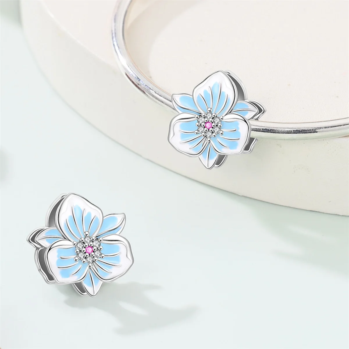Blue Castle of The Valley Flower Silver Plated Beads Original Charms Fit Bracelets Bag Keychain Charms DIY Women Gift Accessory