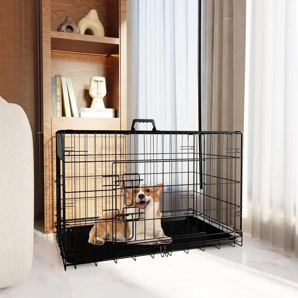

Dog Crate, 30 Inch Medium Dog Cage with Divider and Plastic Leak-Proof Pan Tray, Double Door Folding Metal Wire Cage for Indoor,