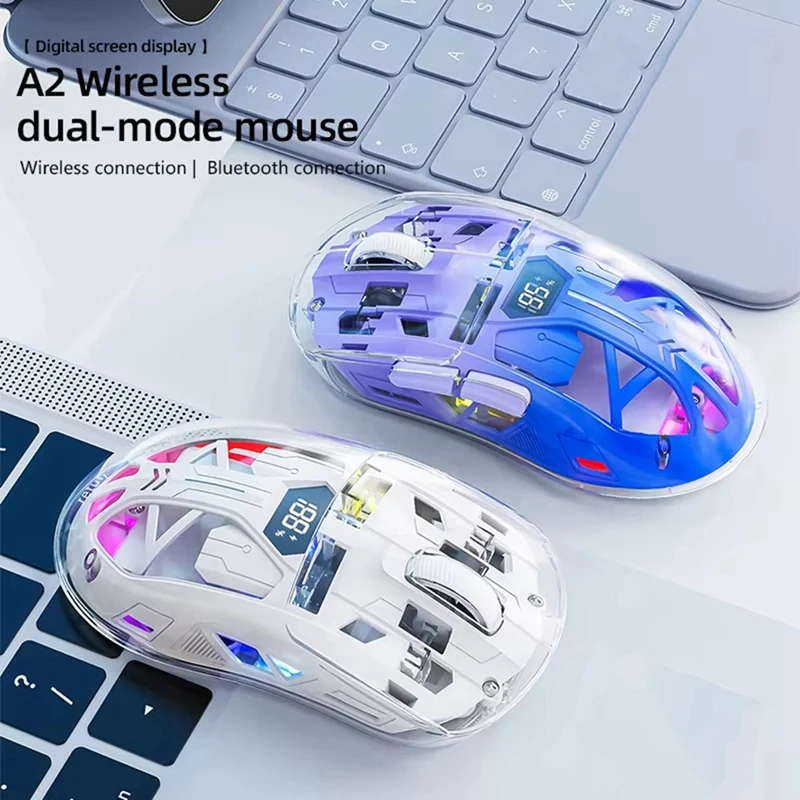 A7QHO-Transparent Wireless Mouse With Digital Screen,2.4G RGB 4000DPI 5-Step Adjustment,Bass Keys,Bluetooth Gamer Mouse