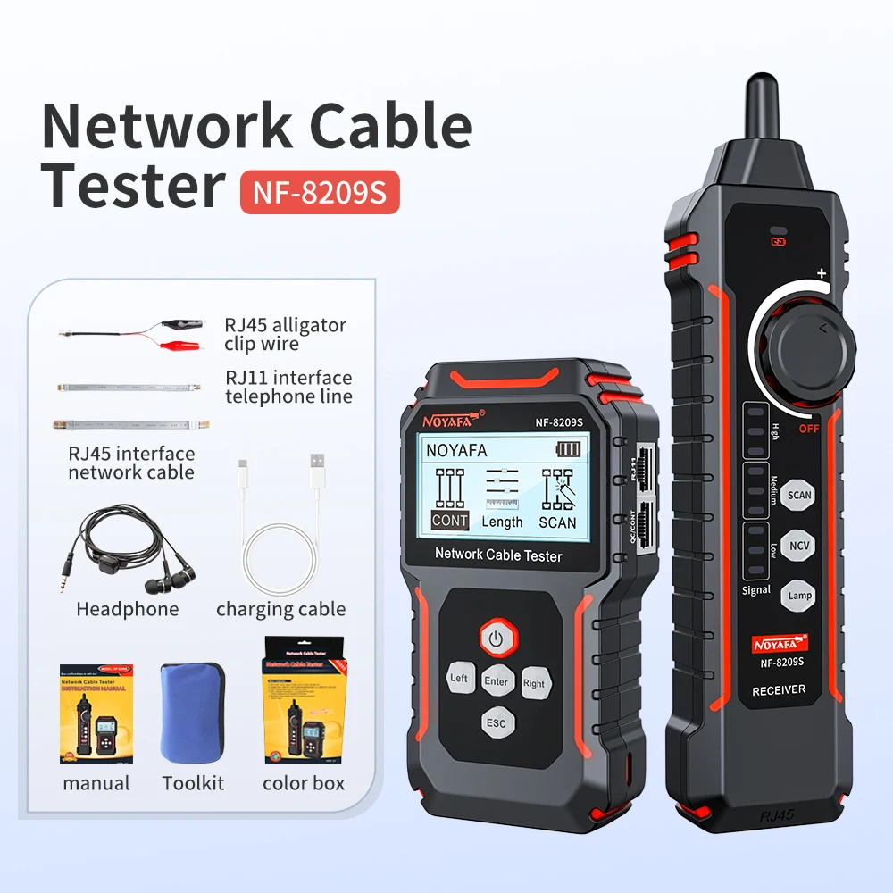 Noyafa-probador de Cable de red NF-8209S, herramienta de medición de longitud, POE, LAN, prueba de Cable, pantalla LCD, escaneo, mapa de cables,