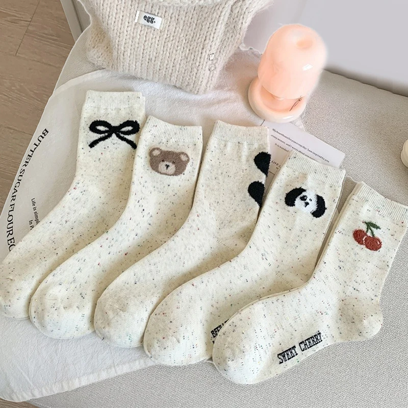 5 pares outono inverno colorido dot meias para mulheres meninas bonito dos desenhos animados padrão meio tubo meias macio térmico quente tripulação meias presentes