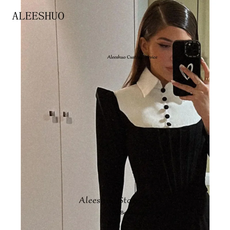 Aleeshuo Modern Black Mermaid Prom Dresse High Long Sleeves Button Evening Dresses Elegant Dubai Floor-Length Vestidos De Fiesta