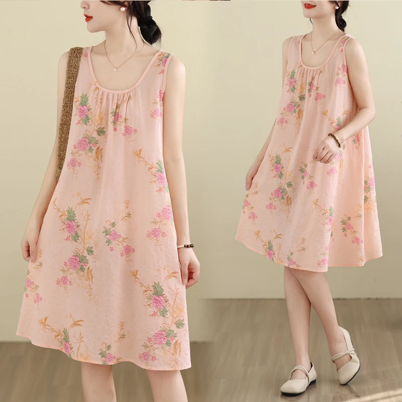 

Summer Loose Cotton Linen Print Dress round Neck Sleeveless A-Line Skirt Large Size Women's Clothing Artistic Style Citywalk