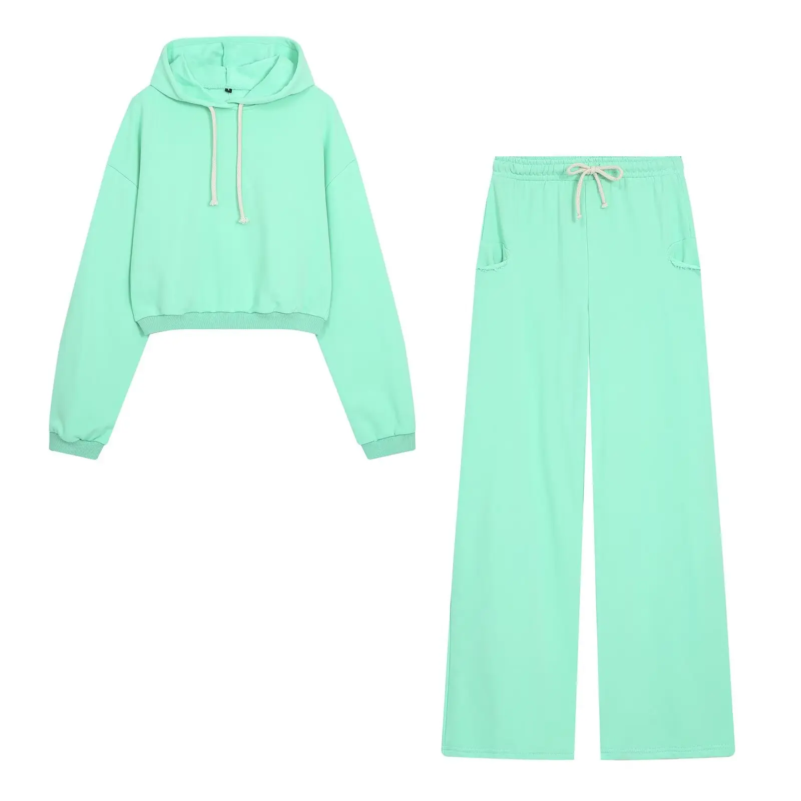 BSAY 2026 Damen Crop-Hoodie und Weitbein-Hosen-Set, Langarm-Kapuzenpullover mit Kordelzug, Elastische Taille, Lässiges Zweiteiler-Outfit – Detail 3