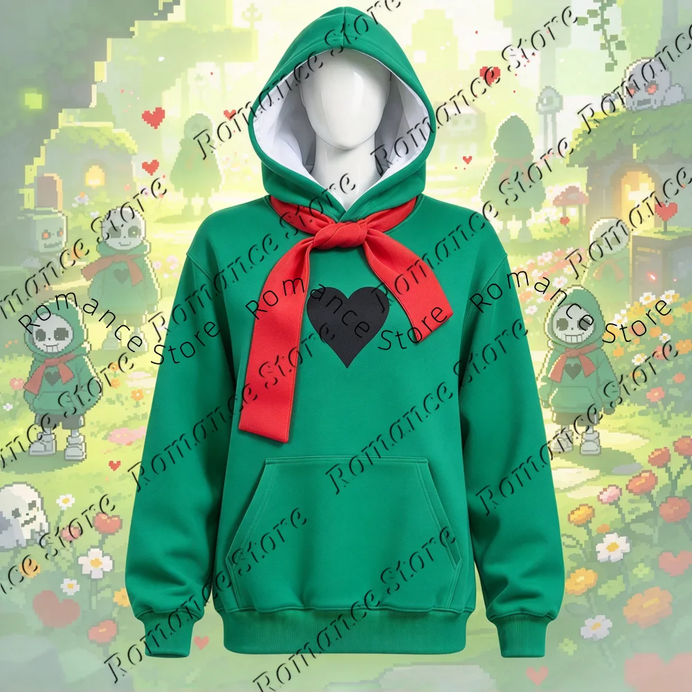 Casual Loose Green Hooded Sweatshirt Black Heart Pattern Red Bow Detail Long Sleeve Pullover Kids Hoodie Cosplay Daily Wear Tops