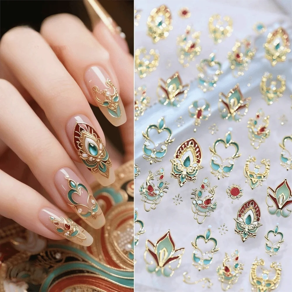 5D Luxurious 5D Nail Stickers Imitation Gemstone Shiny Palace Nail Decorations Flowing Gold Baroque Design Nail Decals