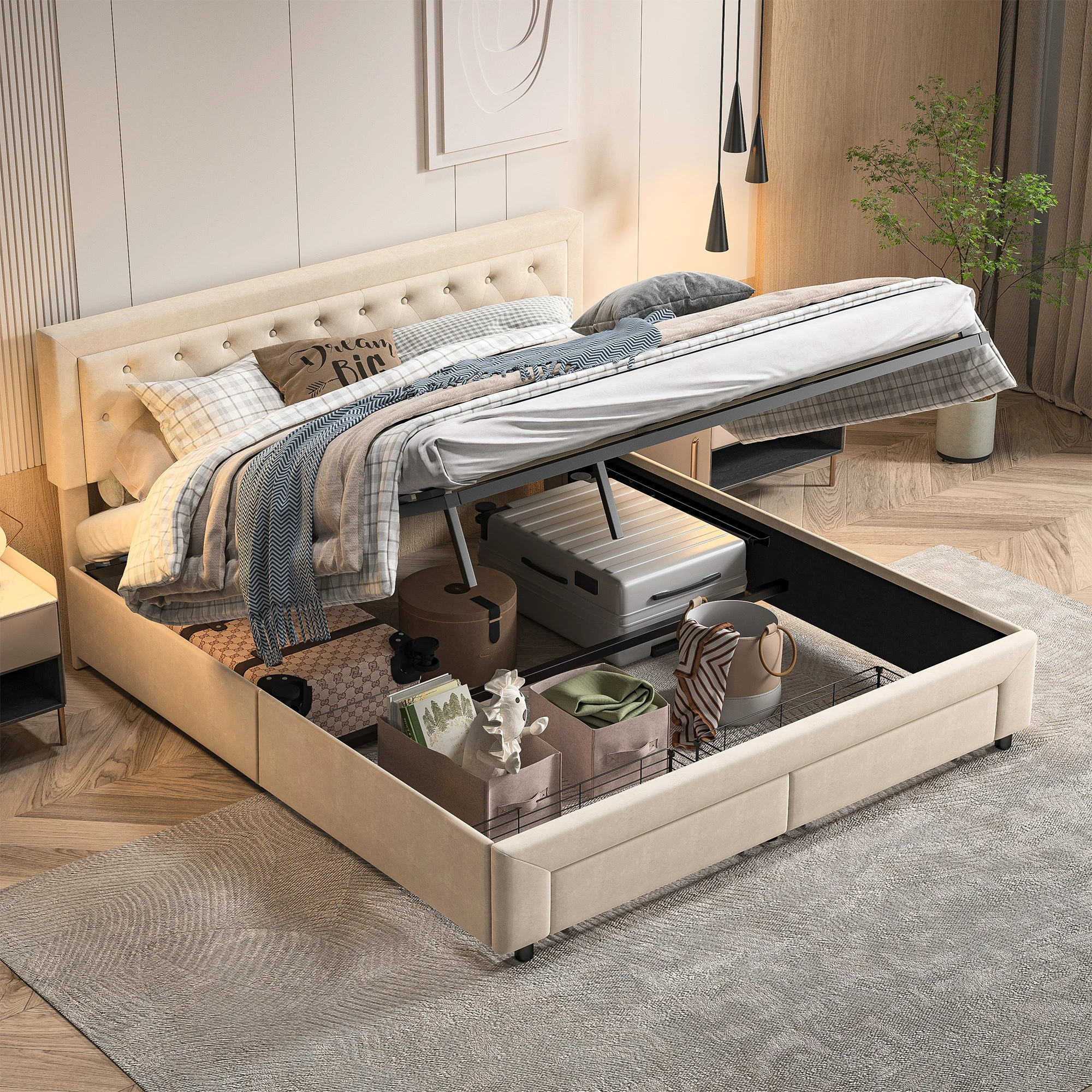 Rosahqnda Doppelbett für Erwachsene mit Stauraum 160/180x200 cm mit Nietenbesetztem Kopfteil und 2 Stauraum-Schubladen, Polsterbett, Samt, Beige-Grau, ohne Matratze