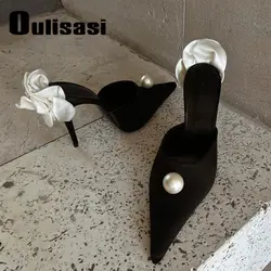 luxury designer heels for womens elegant black and white high heels women's pointed toe sandals satin pearl rose elegant nude