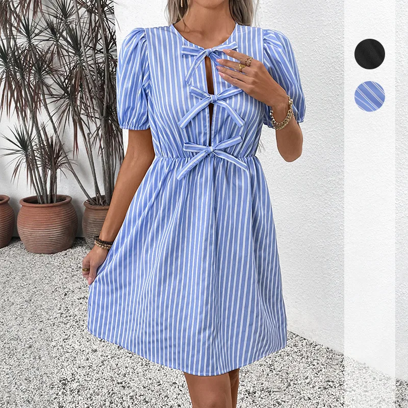 

Mid Length Dress Women Striped Dresses A Line Vestidos Streetwear Round Neck Short Sleeve Elegant Y2k High Waist Work 2025