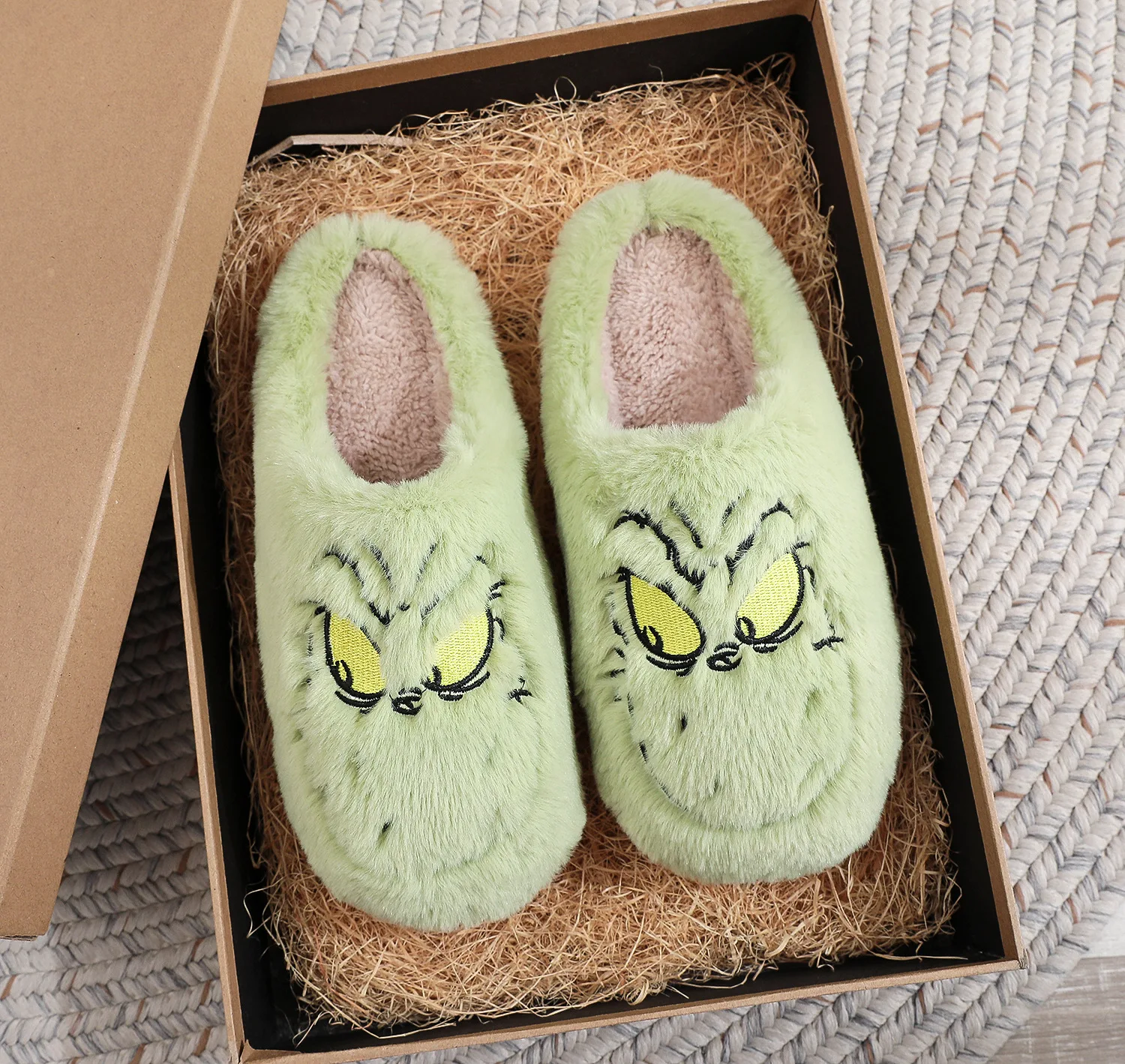 WinteNew  Cartoon Green Monsters Warm Fur Women Men Slippers High Home Cover Lovers Plush Shoes Solid Slip-on EVA Ladies Fluffy