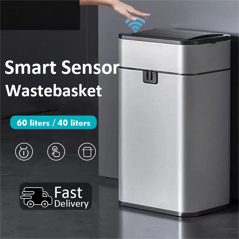 50L 60L Kitchen Smart Trash Can Stainless Steel Waste bin Automatic Wastebin Large Smart Bucket Garbage Home Wastebasket