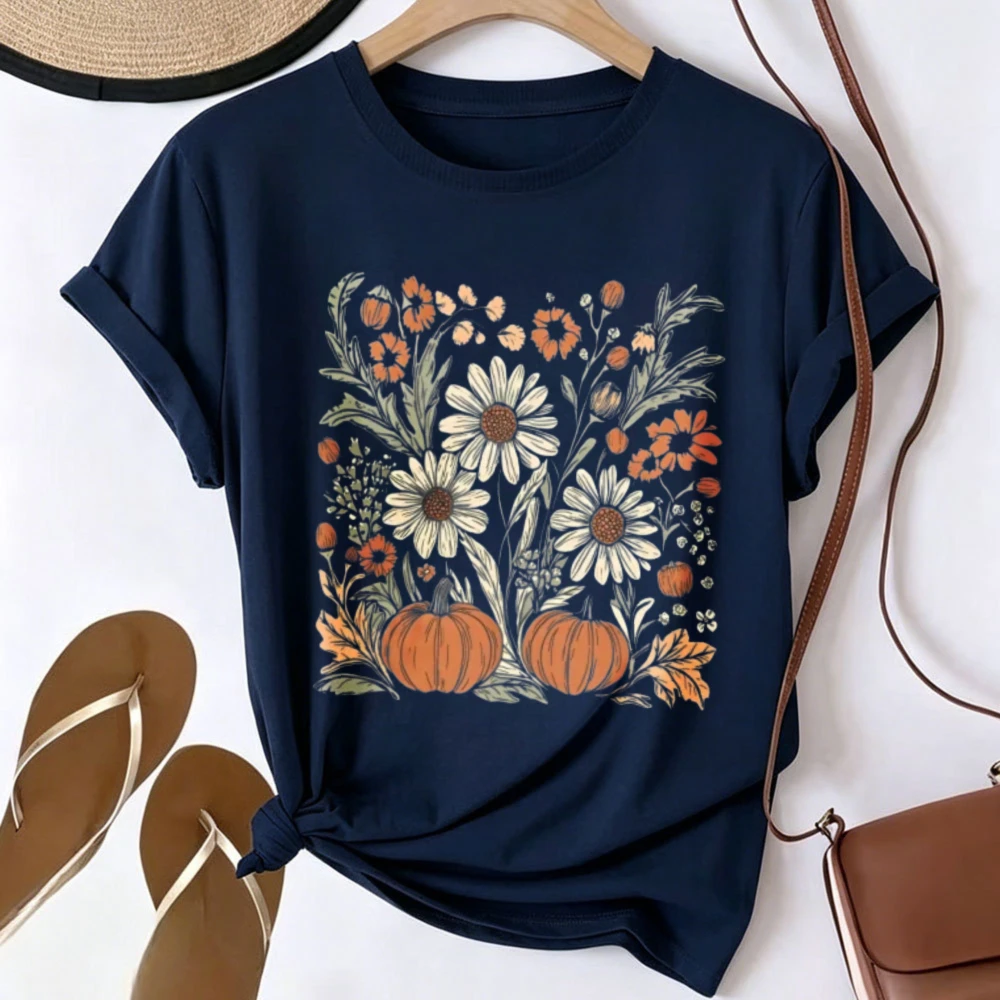 Fall Daisy Pumpkin Floral Graphic T Shirt Vintage Wildflower Autumn Botanical Print Cottagecore Harvest Season Thanksgiving Tees