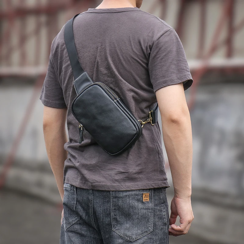 Imagem -03 - Lukir-bolsa de Peito de Couro Genuíno Masculino Bolsa Tiracolo de Couro de Vaca Mochila Pequena ao ar Livre Simples Estilinga Casual Moda