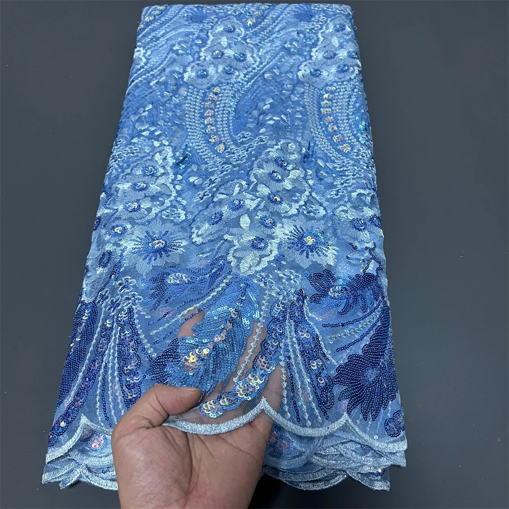 

Нигерийское тюлевое кружево 2025 года, 5 ярдов, вышивка французским гипюром и блестками из бисера для свадебного платья и праздничного платья, африканская свадебная ткань