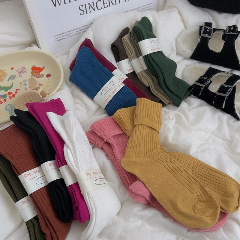 

Harajuku Women's Socks Long Fashion Cotton Breathable Autumn Winter Solid Color Sport Socks Girls Casual Simple Retro Plain Sock