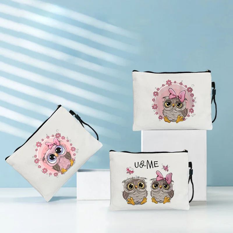 Kawaii Cute Animal Owl Makeup Bag White Canvas Cartoon Small Cosmetic Bags Travel Pouch Toilet Kits Pencil Case Coin Wallet Gift