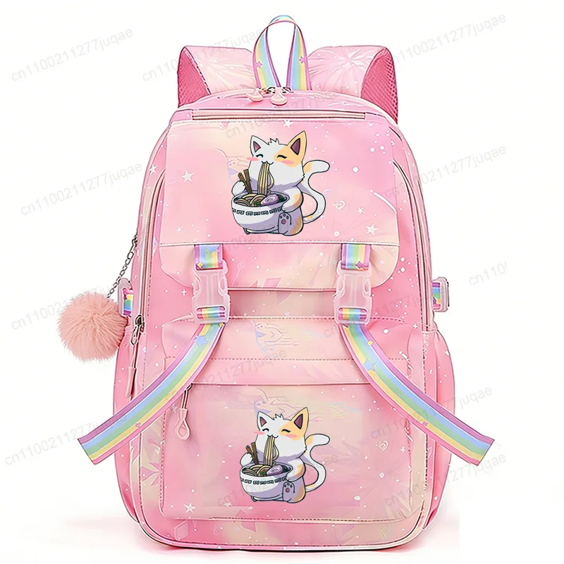 School Backpack Funny Ramen Cat Anime Rucksack for Girls Casual School Bag Travel Backpack Kitten Graphics Children Schoolbag