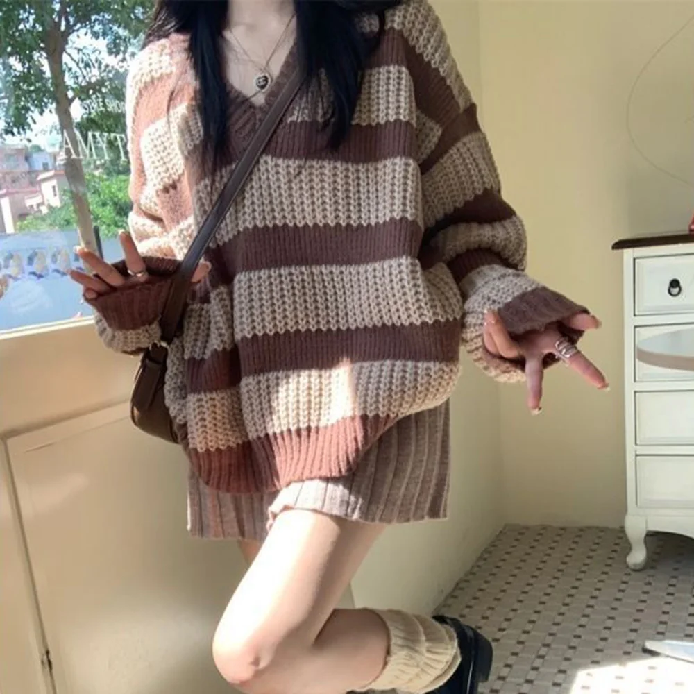 

Vintage Brown Striped Sweater Women Harajuku Oversize Pullover Jumper Preppy Jerseys Casual Knitted Tops