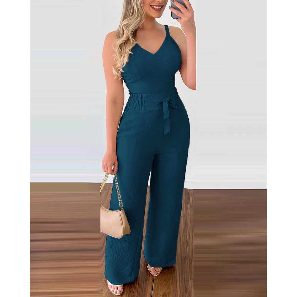 2024 Casual Women Shirred V-Neck Spaghetti Strap Cami Top & High Waist Tied Detail Wide Leg Pants Sets 2 Pieces Woman Summer