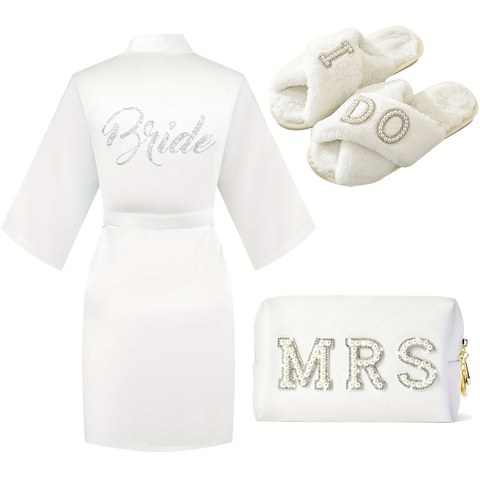 US Warehouse Send You Get Quickly Bride to be Gift Set, Bridal Bathrobe, Bridal Patch Diamond Cosmetic Bag Bridal Furry Slippers