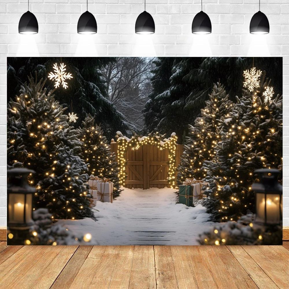 Christmas Backdrop for Photography Winter Snowy Street Xmas Tree Pine Fence Shining Lights Kids Portrait Background Photo Studio