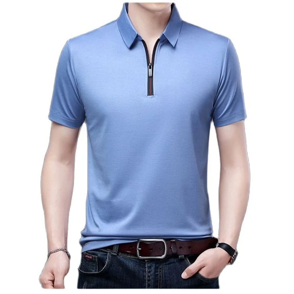 Men's Zipper Polo Short Sleeve T-shirt Half Sleeve 2023 Summer Ice Silk Cool Large Thin Half Sleeve POLO  Top