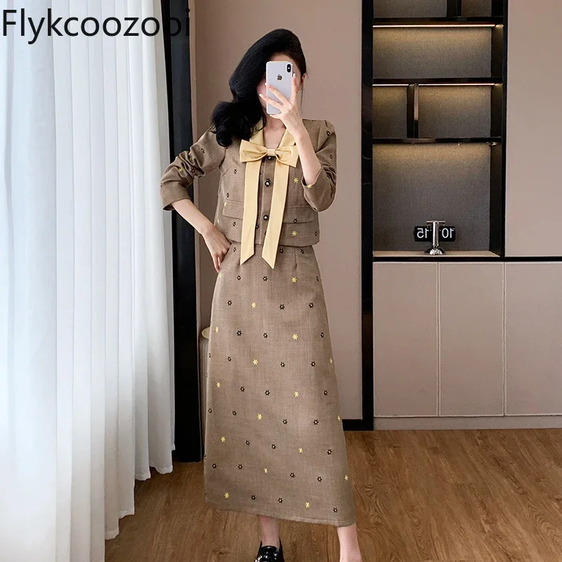 Autumn New Elegant Quality Light Luxury Set Bow Long Sleeve Top Skirt Two-piece Set Roupas Femininas Conjuntos Blazers