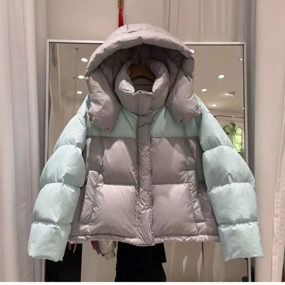 Winter New Women's Down Jacket Commuting Loose Color Blocked Hooded Short Jacket