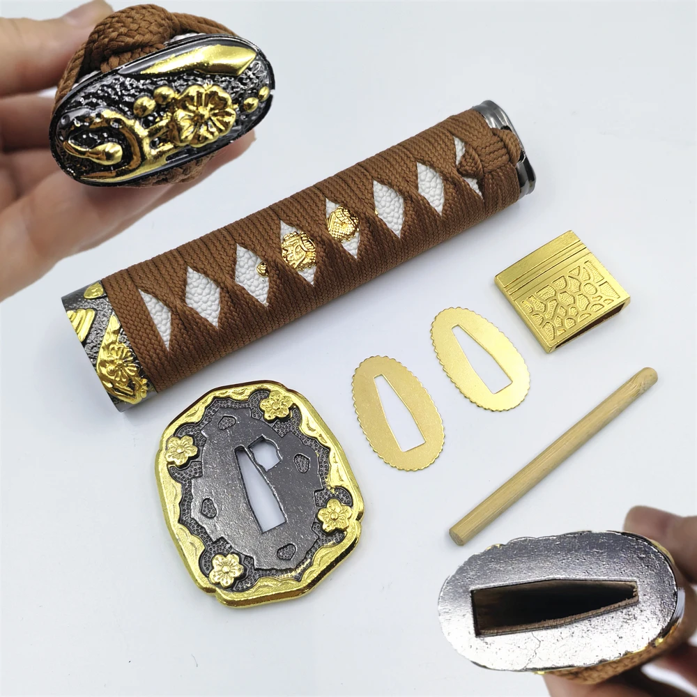 15cm Light Brown Ito Tsuka Handle Alloy Tsuba For Japanese Samurai Katana Sword Wakizashi Tanto Habaki Seppa Fittings