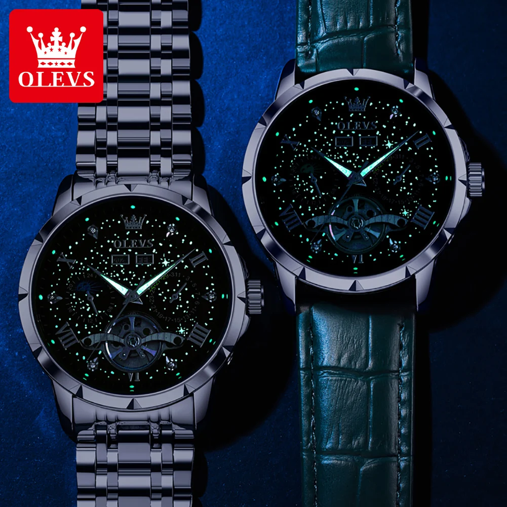 OLEVS Automatic Watches for Men Luxury Starry Sky Dial Skeleton Flywheel Chronograph Waterproof Moon Phase Mechanical Wristwatch