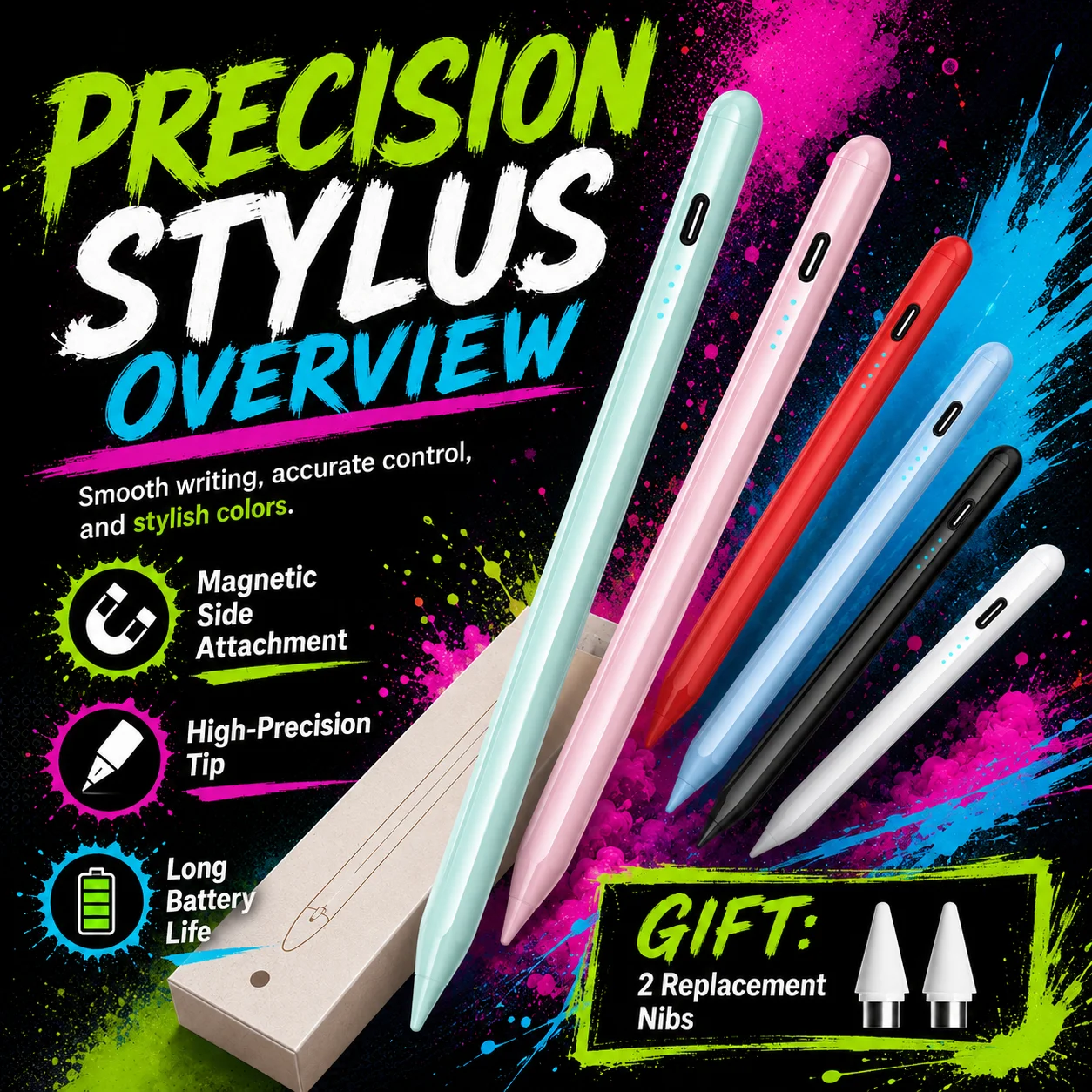 4 LED Tablet Pen for Android & iOS, Universal Stylus Pencil, Palm-Friendly for Drawing & Writing