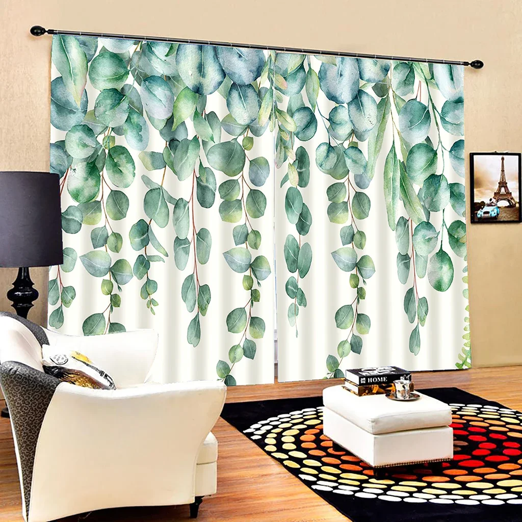 100 130cm White Banana Leaf Tropical Plant Eucalyptus Thin Window Curtains for Living Room Bedroom Decor Free Shippig 2 Pieces