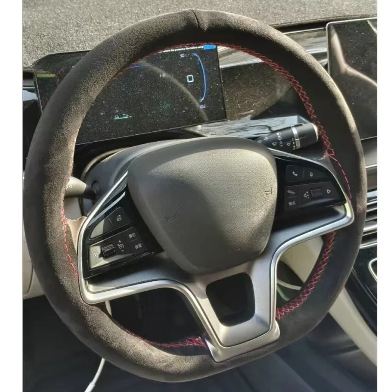 

Custom Auto Interior Hand-stitched Black Suede Leather Car Steering Wheel Cover For BYD Song Plus Dmi Pro EV New Energy Qin Plus