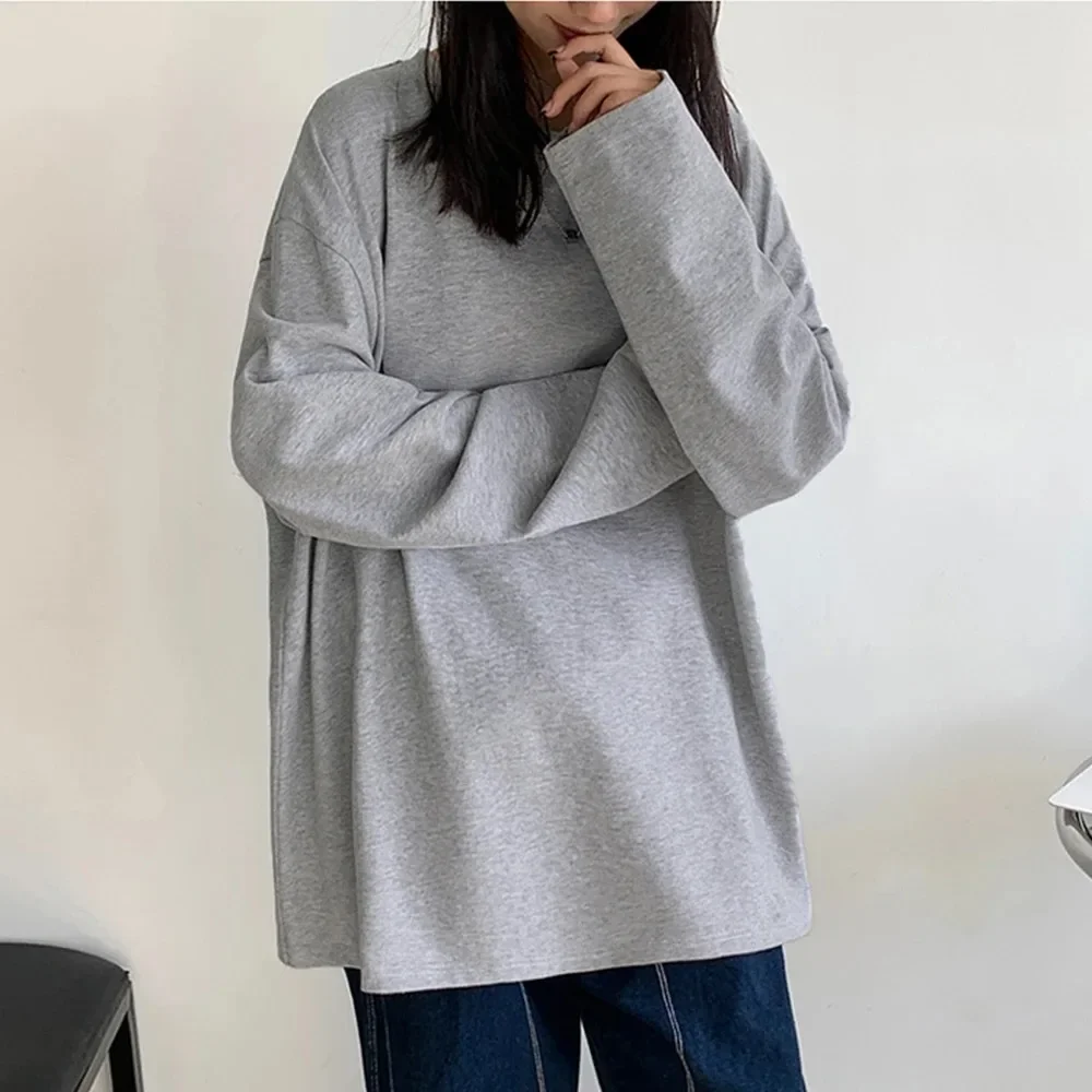 Nowa modna bawełniana koszulka z długim rękawem damska koszulka oversize basic Casual topy z okrągłym dekoltem prosta odzież uliczna przytulna