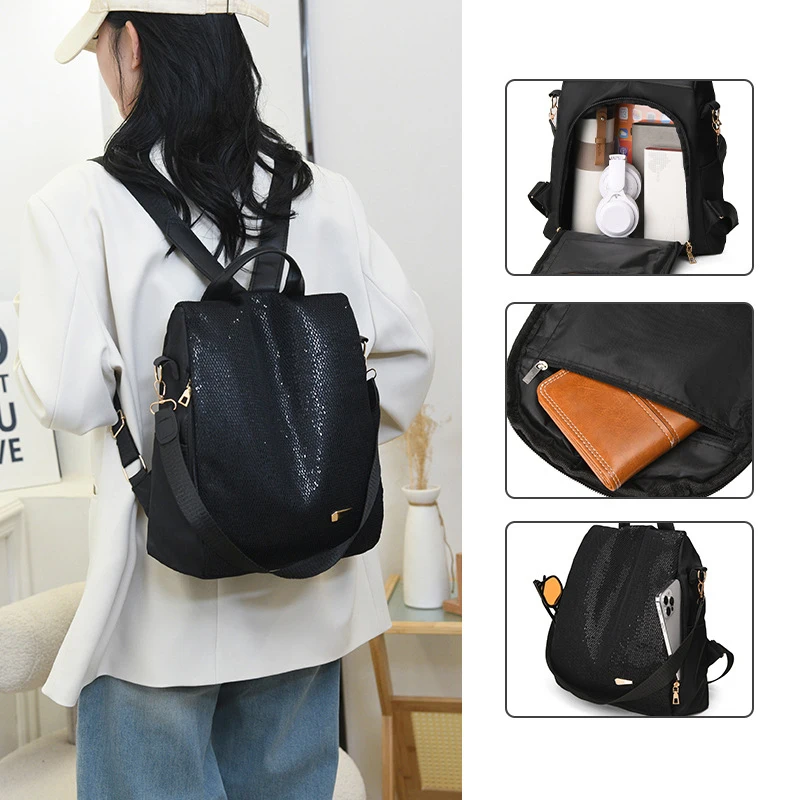 Mochila escolar de lantejoulas preta para estudante, versão coreana, grande capacidade, casual, vertical, quadrada, mochila feminina ao ar livre, nova tendência