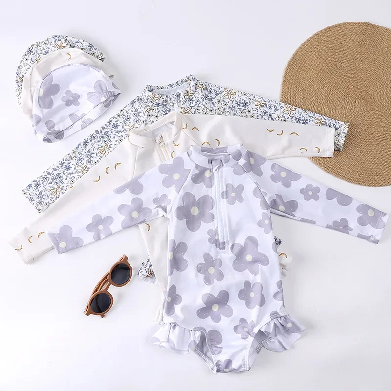 Maillot de bain une pièce à manches longues et imprimé floral pour fille, joli ensemble à séchage rapide, costume de bain pour bébé, nouvelle collection été 2025