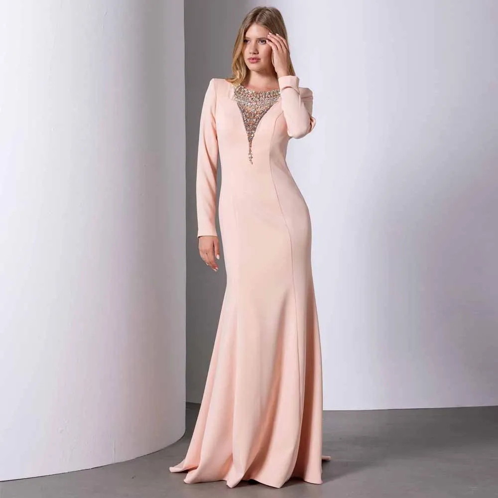 Customized Luxury Crystal Beaded Neckline Evening Dress Blush Pink Long Sleeve Mermaid Formal Gown Satin Long vestidos de novia