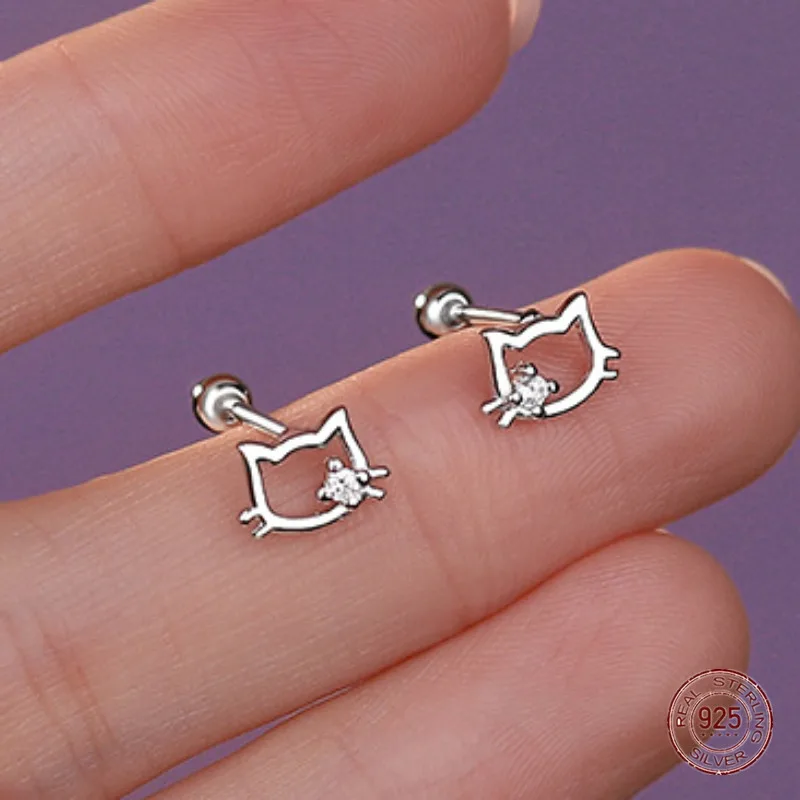 925 Sterling Silver Cat Animal Stud Earrings for Women Cute Hollow Out Inlaid Zircon Ear Bone Nail Student Piercing Jewelry Gift