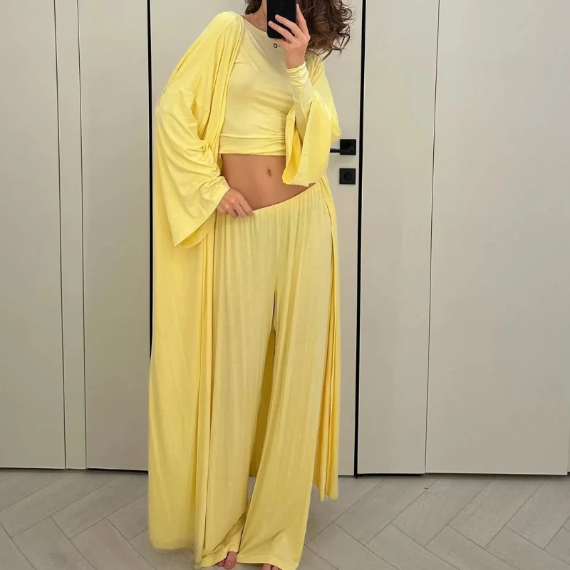 Female Solid Color Casual 3Pieces Suits Long Sleeves Coat Round-Neck Slim Short Top Wide Leg Trousers Spring Summer Fashion Sets