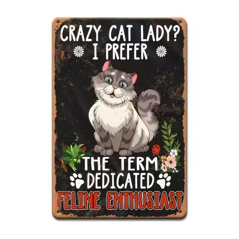Vintage Metal Tin Sign, Dedicated Feline Enthusiast Cat & Floral Design, Retro Black Wall Art (Iron, 20x30cm), Perfect for Cat L