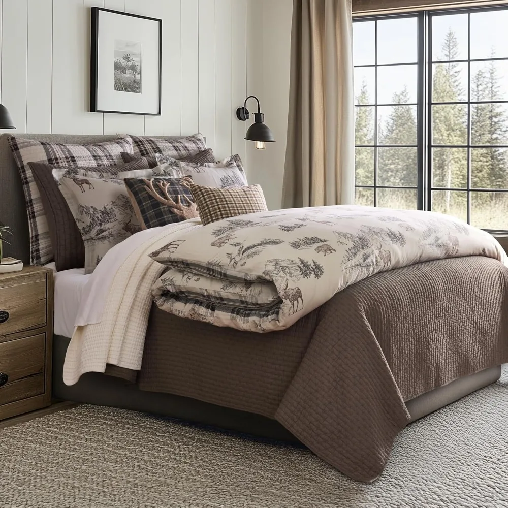 Brown Toile Pattern Twin Size Comforter Set with Pillowcase - Lodge Style Bedding Ensemble