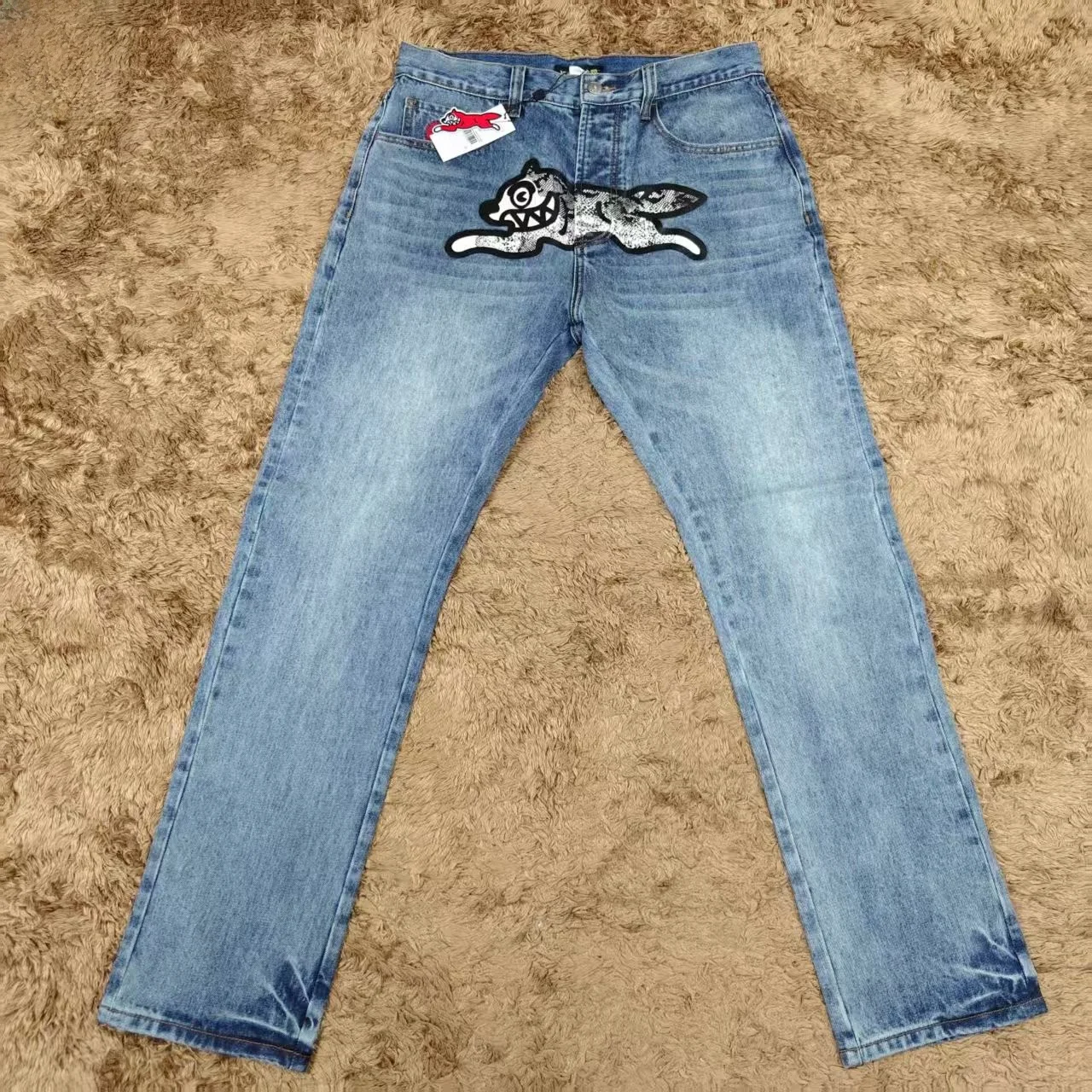 

Loose Straight Leg Washed Vintage Fly Dog Embroidery Jeans Youth Casual Straight Cut Loose Fit Classic Blue Jeans for Men
