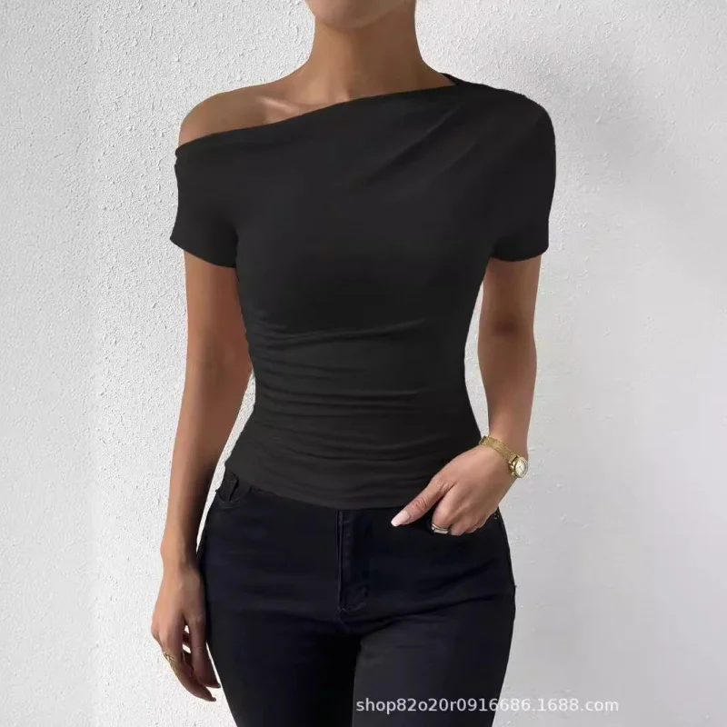 

New European and American Style Hot Spring Summer New Season Ruched Irregular Short SleeveTShirt Top